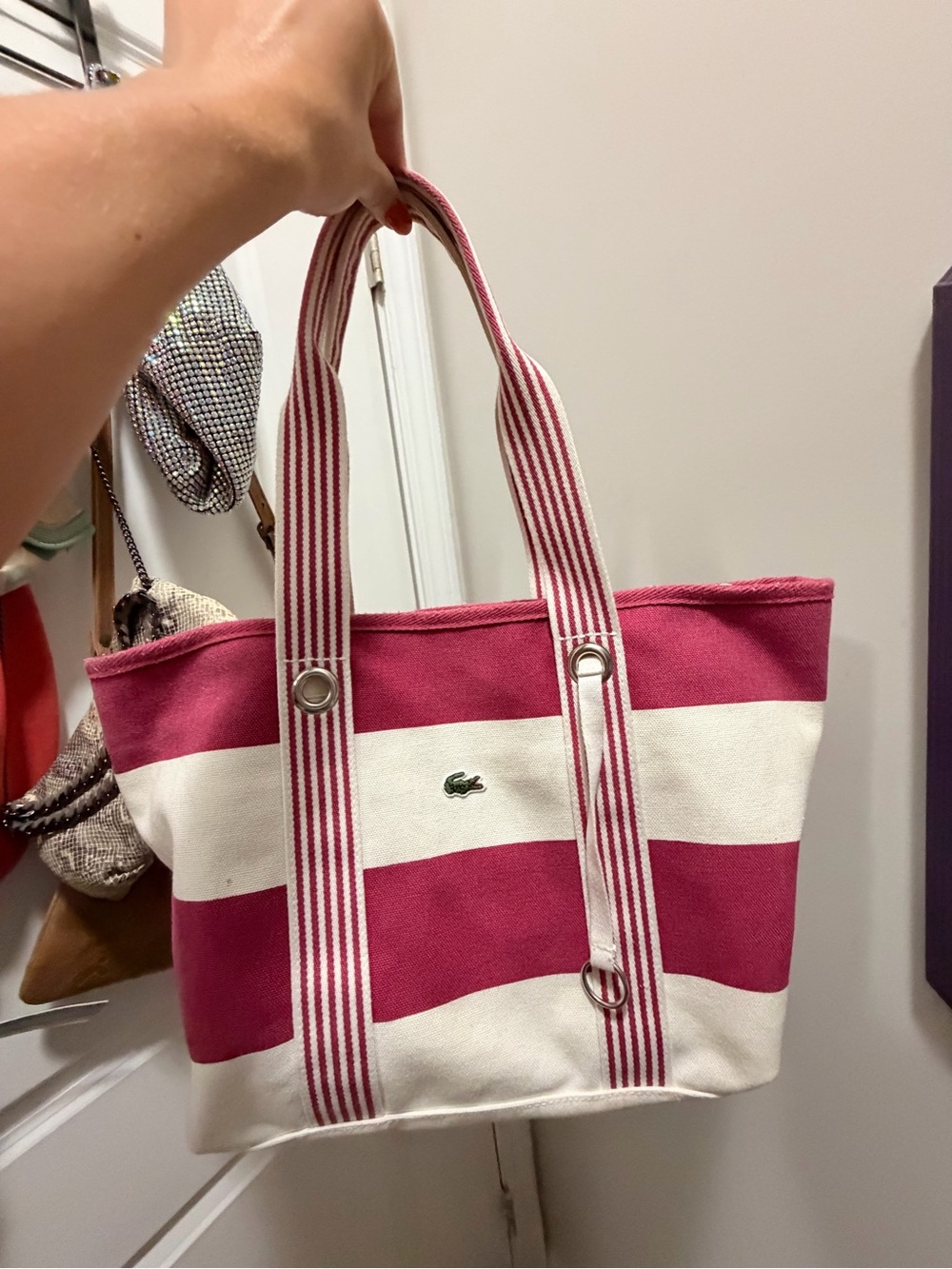 Lacoste Pink and White Striped Women's Tote Bag